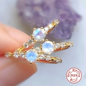 S925 sterling silver snowflake ring set with blue moonstone and sparkling crystals