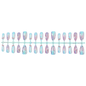 3D cat eye press-on nails set with blue-pink gradient, pink bows and pearl accents