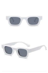 Front and side view of vintage rectangle sunglasses with white frames and grey lenses