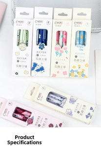 Detail of 0.5mm floral retractable gel pen sets in blue, pink, and purple floral packaging