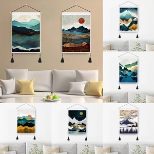 Abstract Landscape Hanging Scroll Tapestry Nordic Mountain Sun Pattern Fabric Wall Art With Wooden Rod And Tassels