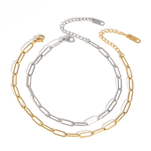 Fashion gold and silver plated stainless steel paperclip chain anklets on white background