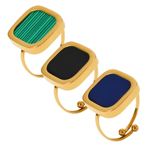 Adjustable gold-plated square rings with green malachite, black, and blue gemstones