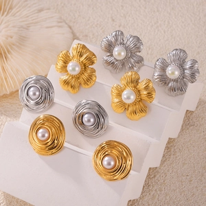 Vintage Flower And Spiral Textured Earrings Titanium Steel Gold Plated With Imitation Artificial Pearl French Elegant For Women