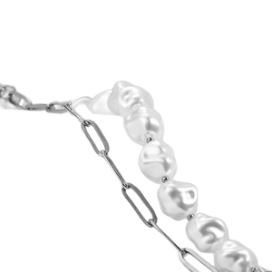 Baroque pearl necklace with 15mm heart shell and silver paperclip chain fusion
