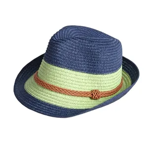 Foldable straw sun hat in navy and light green color block with brown rope trim