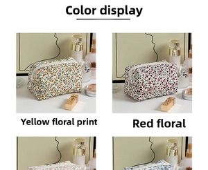Close-up of floral quilted cosmetic bags with soft fabric texture and zipper detail