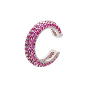 Macro shot of silver C-shaped ear cuff with rows of micro-pave pink zirconia stones