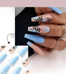 Medium-long coffin press-on nails with blue and pink splice and gold leaf foliage