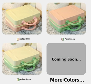 Detailed view of mini travel vanity cases in yellow, pink, and green color options