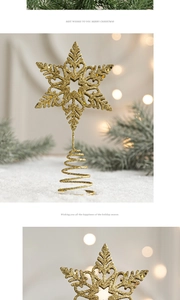 Close-up of golden glitter snowflake tree topper with a sturdy spiral spring base