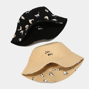 Reversible cotton fisherman hat featuring cute cartoon cat prints and embroidery