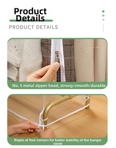 Detail of durable metal zipper and tie-down straps on a clear waterproof garment cover
