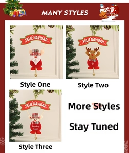 Detail of Christmas tree ornaments featuring Santa, deer, snowmen, and gold bells