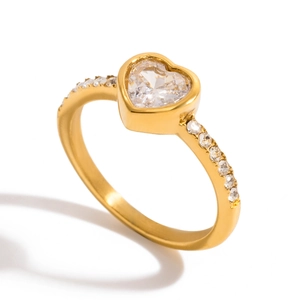 Elegant 18K gold stainless steel heart ring with white zircon stones in a 45-degree view