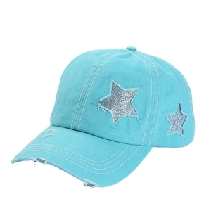 Sky blue distressed baseball cap with silver star patches and vintage frayed edges