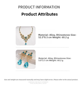 Detailed specs of vintage gold necklace set with blue pear-cut rhinestones and dimensions