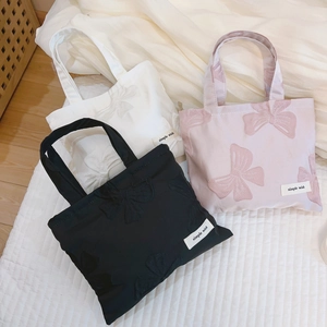 Women Bow Tie Jacquard Mini Tote Bag Sweet Fresh Canvas Portable Mobile Phone Pouch Cute Korean Style Handbag For Daily Shopping
