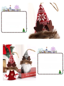Close-up of knit gnome ornaments with snowflake patterns and felt reindeer antlers