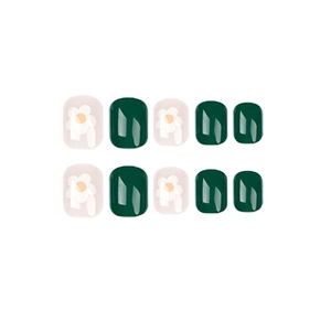 Short square press-on toenails with dark green and floral pink patterns on white background