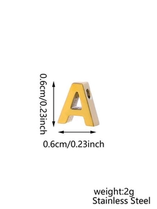 Detailed view of gold stainless steel letter A pendant with 0.6cm dimensions and 2g weight