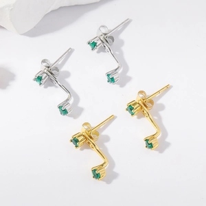 Double green zircon earrings in S925 silver with elegant geometric hook design