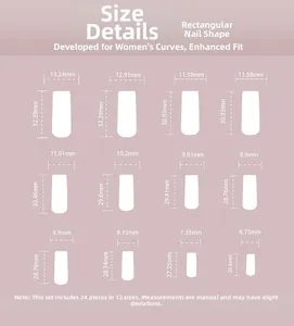 Tabella taglie per unghie finte viola French con dimensioni per forma quadrata lunga