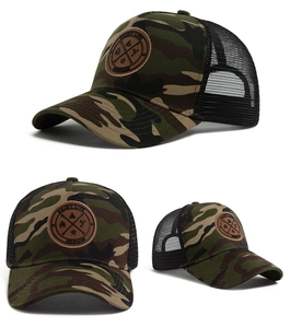 Detailed multi-angle view of camo trucker hat with mesh back and leather logo patch