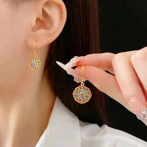 Vintage Brass Dangle Hook Earrings With Colorful Enamel Flower Mandala Pattern Zircon Inlay Bohemian Jewelry For Women
