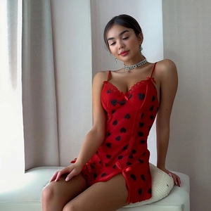 Sexy red slip nightgown with black heart prints and delicate lace trim for women