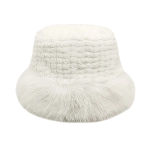 Winter fluffy white faux fur bucket hat with textured crown and soft plush wide brim