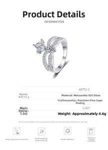Detailed view of S925 sterling silver princess crown ring with 1.3ct moissanite gemstone
