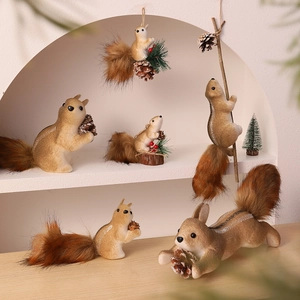 Set of six festive foam squirrel ornaments with pine cones for Christmas tree decoration