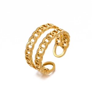 Modern double layer Cuban link gold plated stainless steel open ring for women