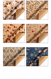 Detail showing six festive Christmas kraft paper gift wrap patterns with reindeer and snowmen