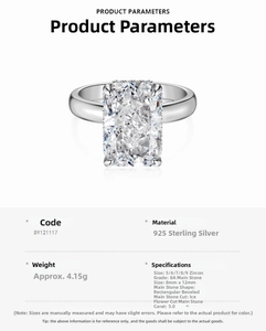 Detailed specs of 5.0ct 8A ice-cut zircon 925 sterling silver ring showing 4.15g weight
