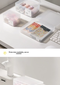 Frosted plastic storage box with flip lid for drawer organization of small items