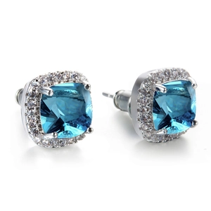Square cushion-cut blue gemstone stud earrings with a sparkling white zircon halo