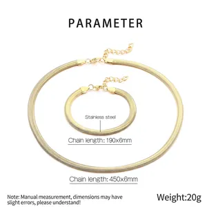 Detailed size specifications for 18k gold plated stainless steel snake chain jewelry set