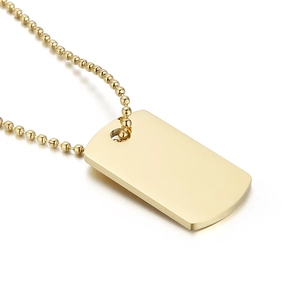 Minimalist gold rectangular dog tag necklace with polished ball chain on white background