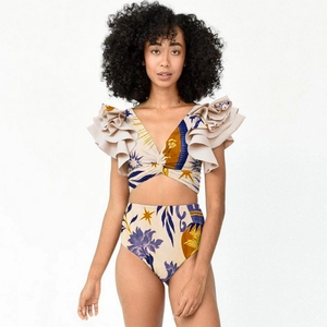 Ethnic print bikini set with double ruffled shoulders and high-waisted bottom for women