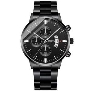 Minimalist black stainless steel business watch with luminous calendar and quartz movement