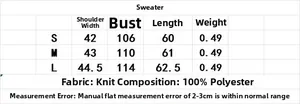 Size chart showing width, bust, and length measurements for the knit sweater vest