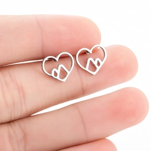 Minimalist heart-shaped mountain hollow stud earrings in brushed silver stainless steel
