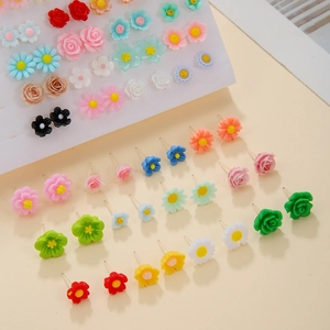 Women Colorful Floral Stud Earrings Resin Flower Jewelry Variety Small Rose Sunflower Earring Multi-Color Ear Accessories