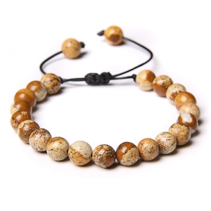 Handmade adjustable picture jasper stone beaded bracelet with durable black braided cord