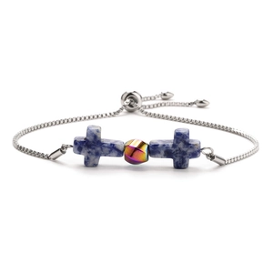 Adjustable stainless steel bracelet with blue agate stones and cross charms