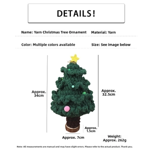 Macro shot of 34cm handmade crochet Christmas tree with wood base and size specifications