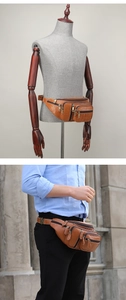 Detail showing multi-zipper compartments and textured brown leather on a men's waist bag