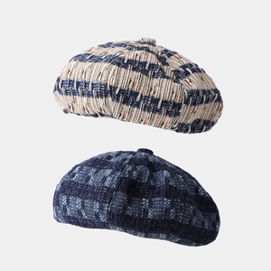 Retro Tweed Beret Hat Women French Style Contrast Color Woven Cotton Painter Newsboy Cap Elegant Autumn Winter